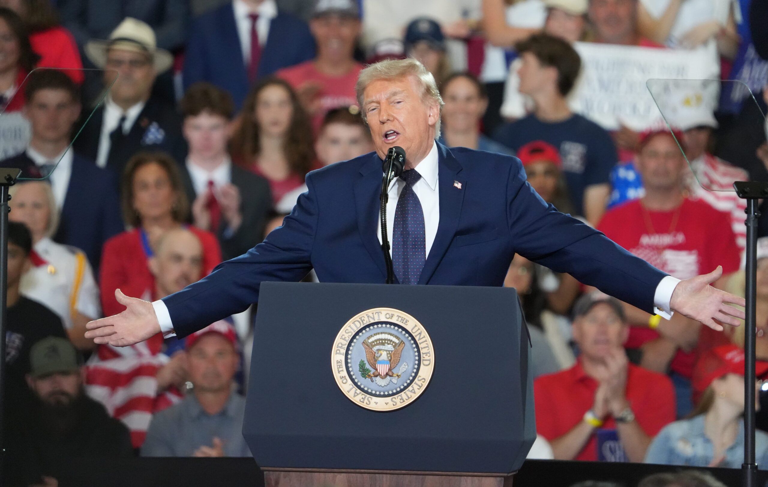 Donald Trump speaks at Rockland Community College rally May 2026 ahead of NBA Finals Game 3