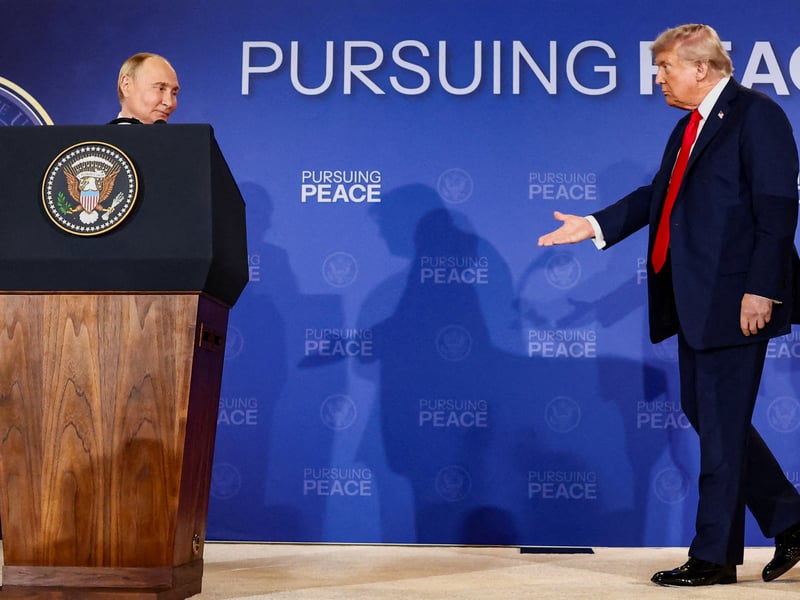 Donald Trump and Vladimir Putin at the Alaska summit press conference in Anchorage, August 15, 2025