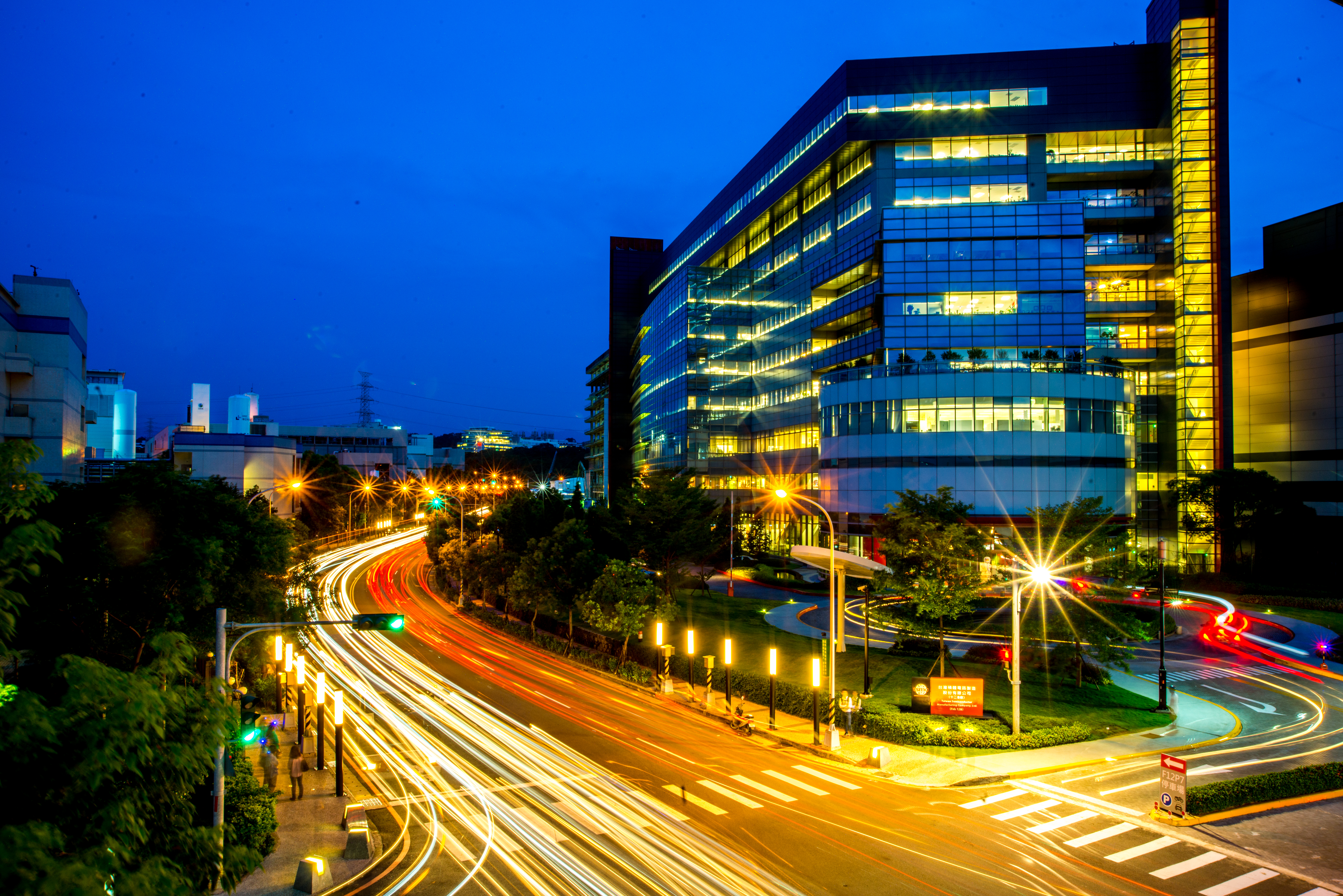 TSMC's Fab 12B semiconductor plant in Taiwan at night, where the world's most advanced chips are made