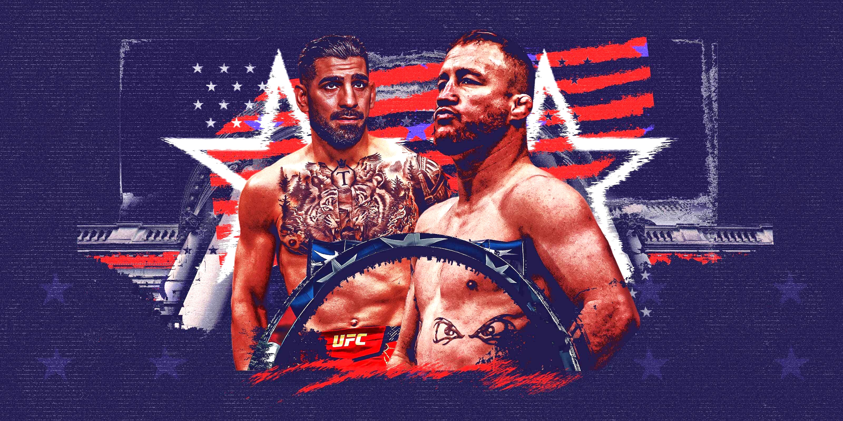 Ilia Topuria and Justin Gaethje at UFC Freedom 250 on the White House South Lawn Washington DC June 14 2026