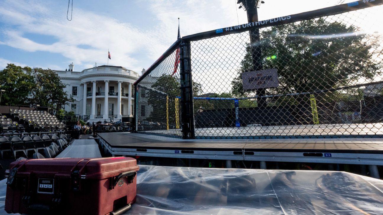 UFC stage construction on the White House South Lawn for Freedom 250 fight night