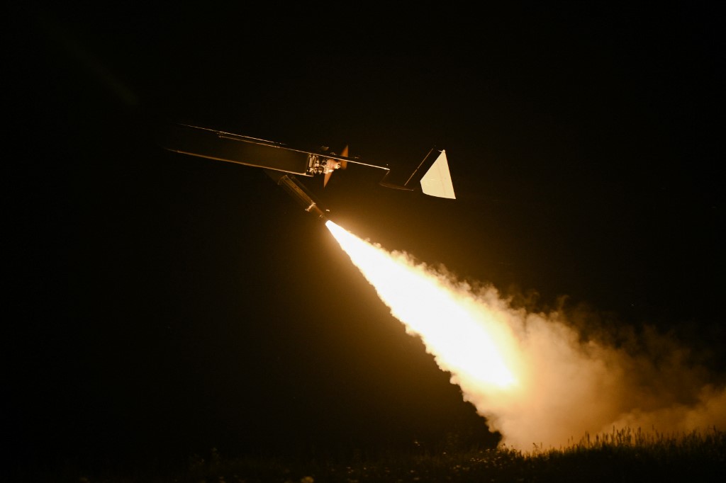 A Ukrainian long-range drone launched by servicemen at an undisclosed frontline location in Ukraine, May 2026
