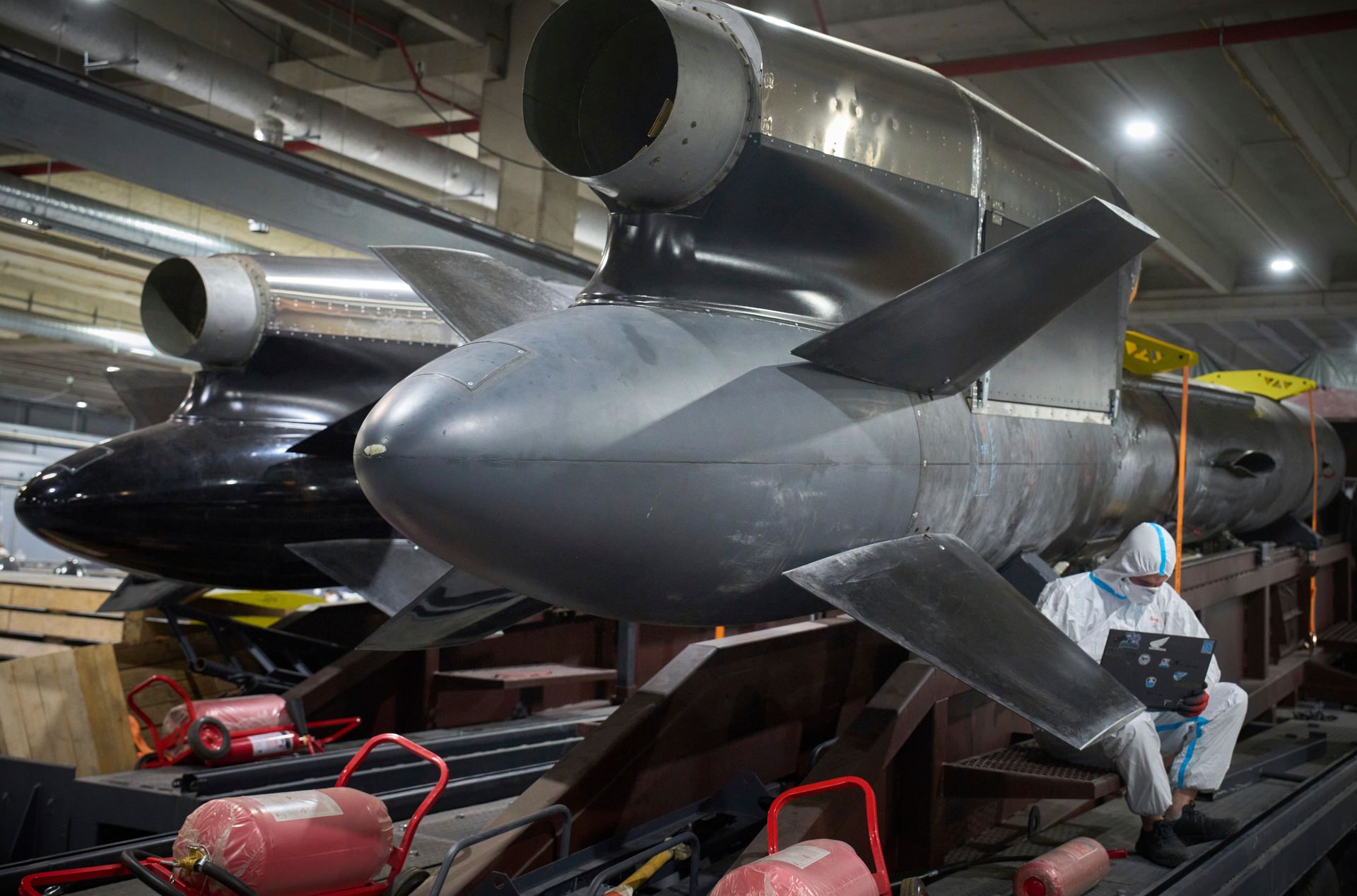 Workers inspect Ukraine's FP-5 Flamingo cruise missiles at Fire Point's secret manufacturing facility in Ukraine
