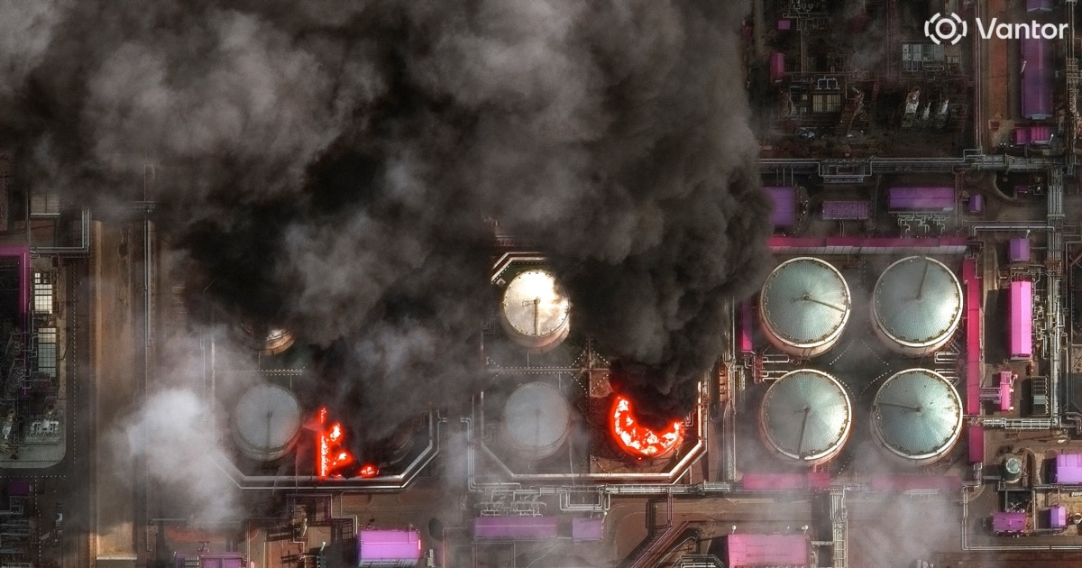 Satellite image shows smoke rising from Russian oil storage tanks in Leningrad Oblast after Ukrainian drone strikes