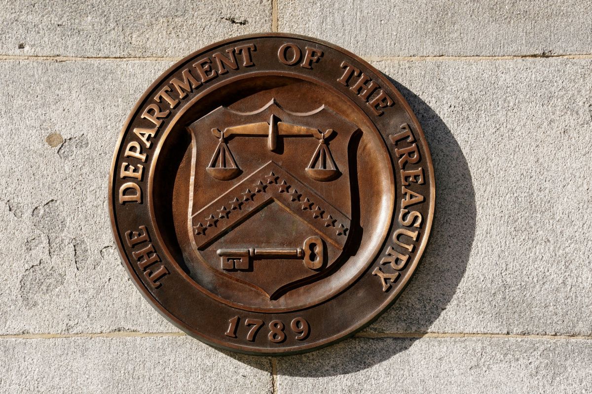 The seal of the US Department of the Treasury at the Treasury building in Washington