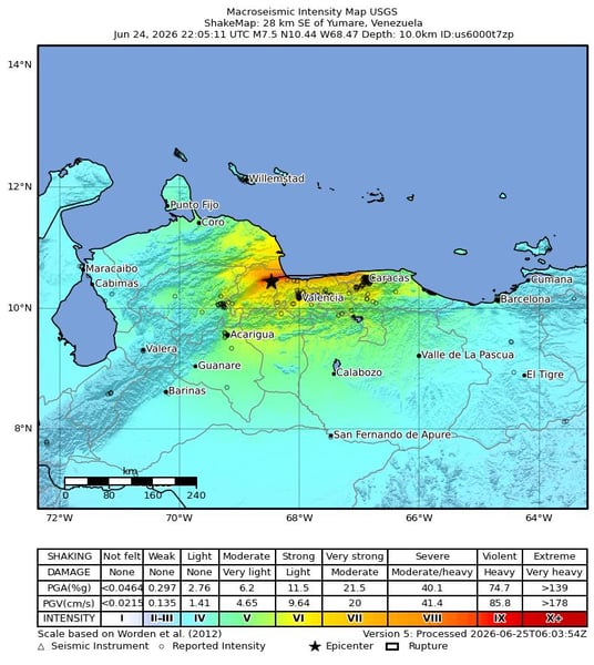 USGS ShakeMap showing seismic intensity of the M7.5 Venezuela earthquake near Yumare on June 24 2026