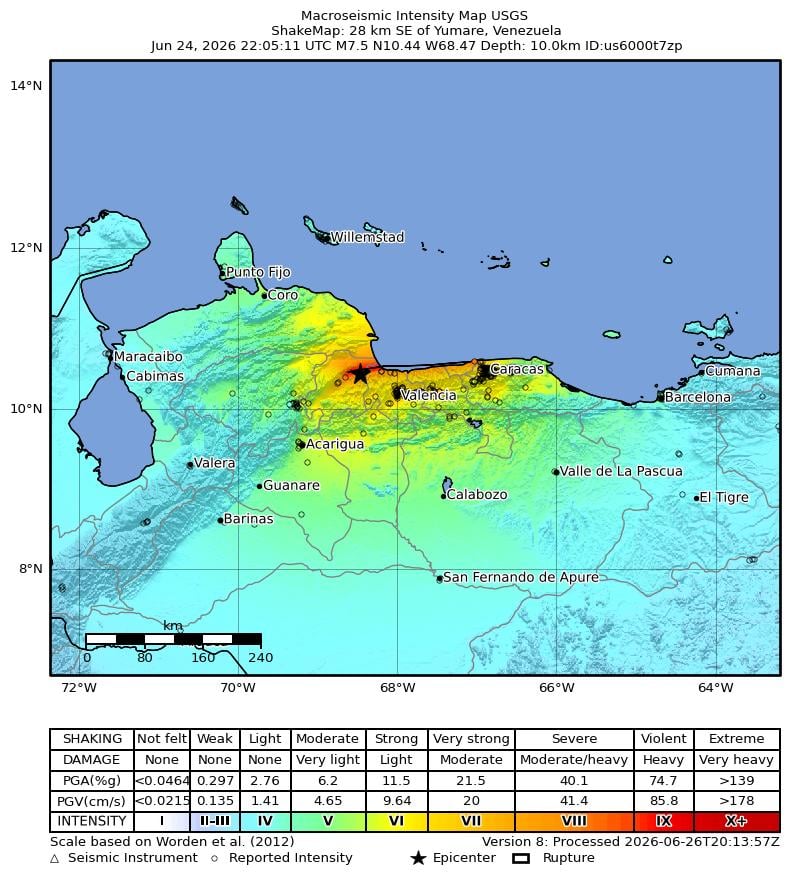 USGS ShakeMap for the M7.5 Yumare earthquake that struck Venezuela on June 24 2026