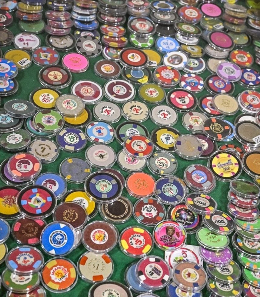 Vintage casino chips from demolished Las Vegas properties on display at the 2026 Casino Collectibles Association Show