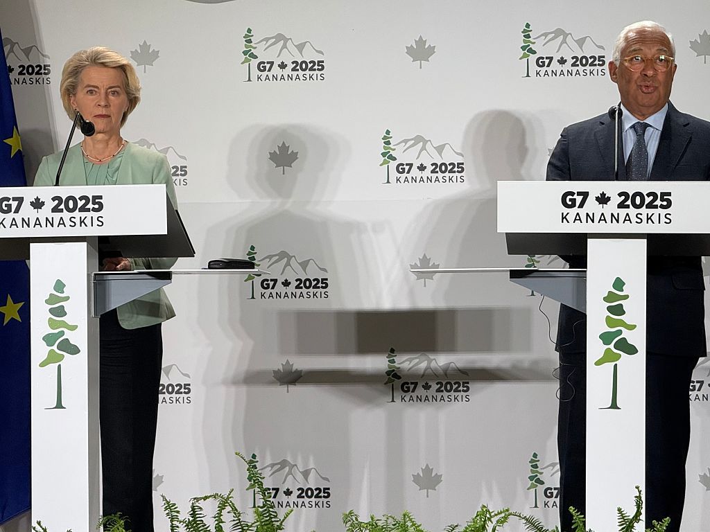 European Commission President Ursula von der Leyen and EU Council President Antonio Costa at the G7 summit in Kananaskis ahead of EU Russia sanctions discussions