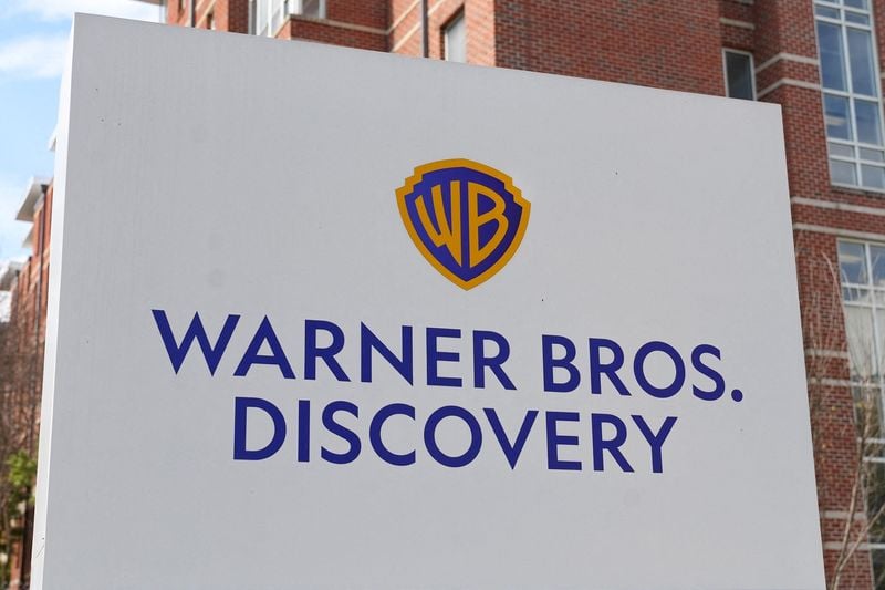 Signage for the Warner Bros Discovery Techwood Turner Broadcasting campus in Atlanta, Georgia