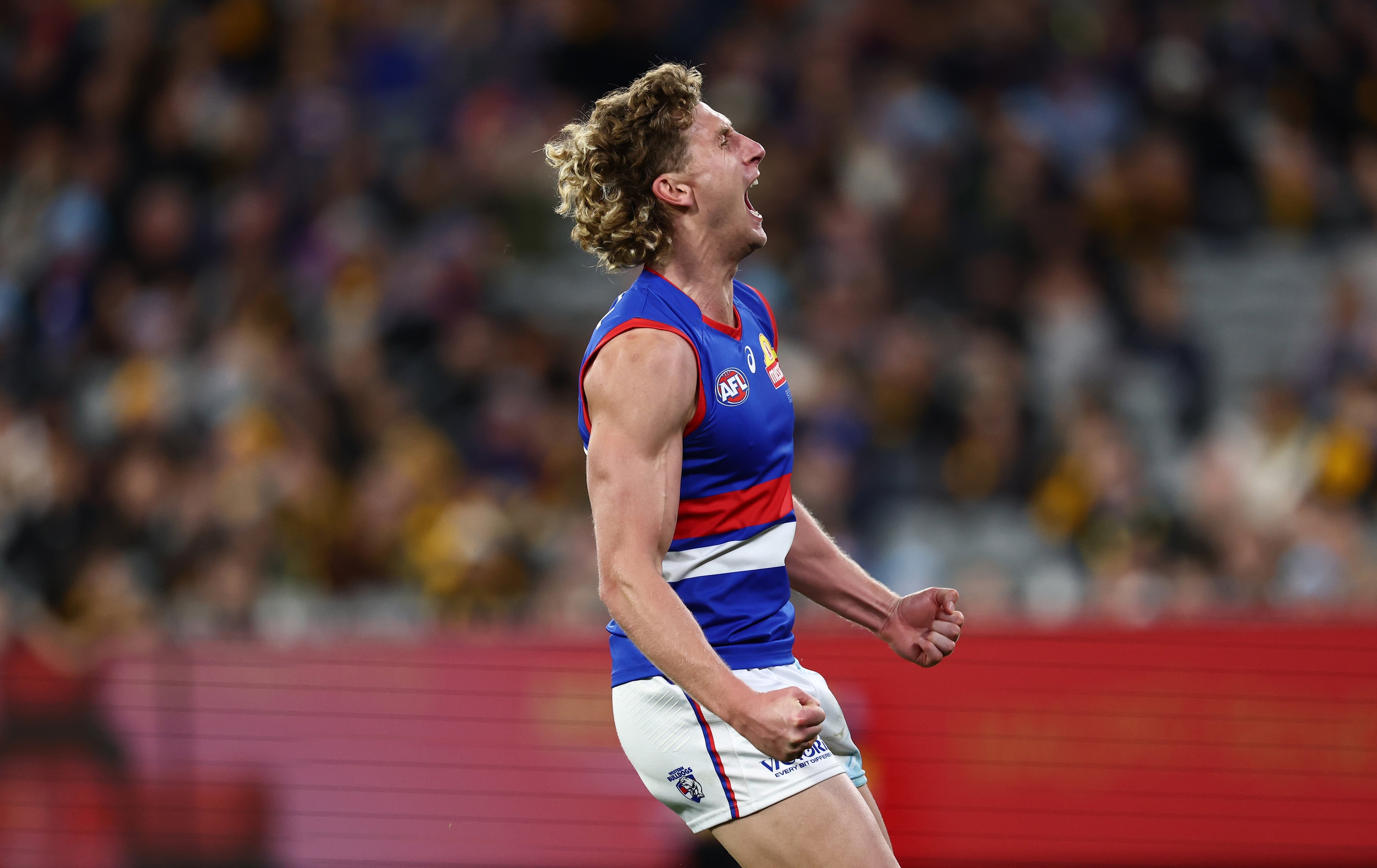 Aaron Naughton Western Bulldogs celebrates goal vs Hawthorn AFL Round 13 MCG 2026
