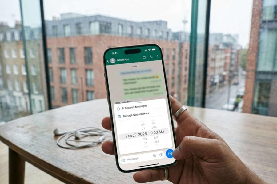 WhatsApp scheduled message feature on iOS showing send later option in chat