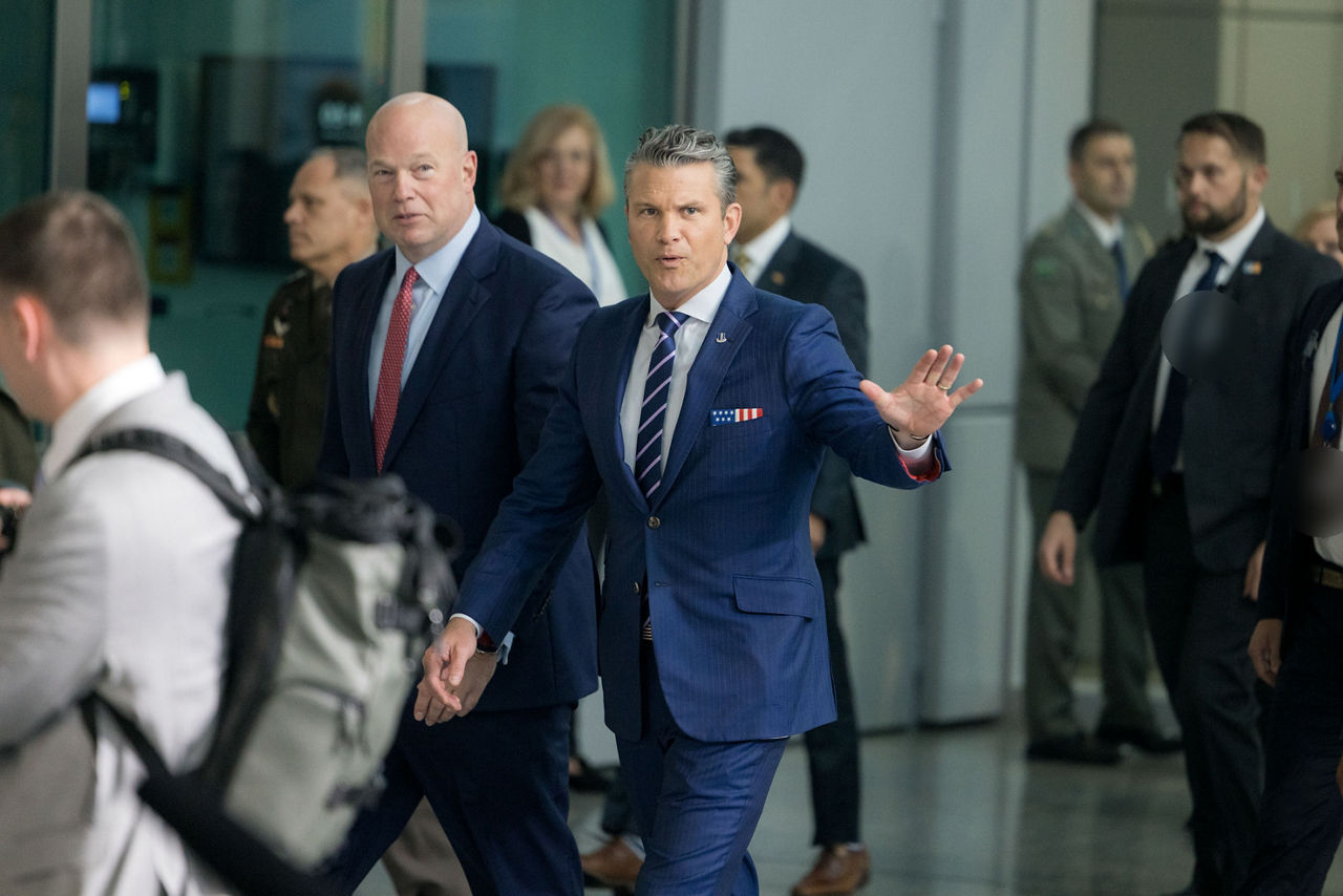 US Ambassador to NATO Matthew Whitaker with US Secretary of War Pete Hegseth at NATO headquarters Brussels