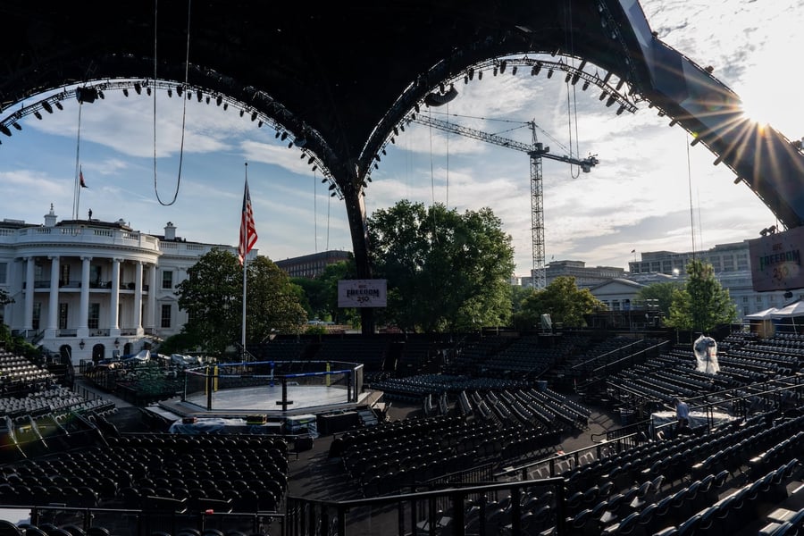 UFC Freedom 250 Octagon and Claw structure looming over the White House South Lawn during a media preview on June 11 2026