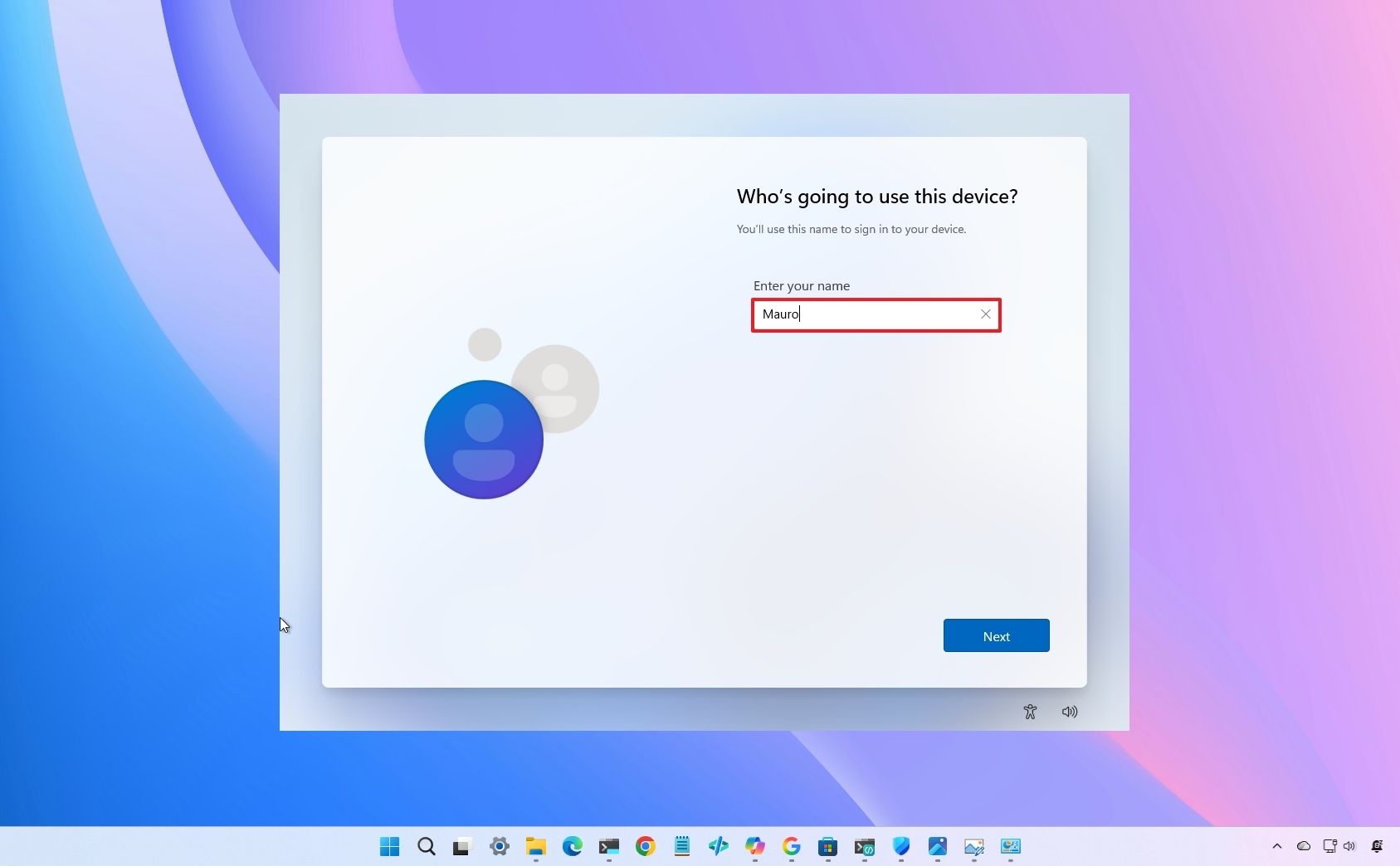 Windows 11 desktop showing the OOBE screen to create a Microsoft account during setup