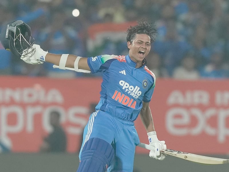 Yashasvi Jaiswal celebrates his maiden ODI century against South Africa in Visakhapatnam December 2025