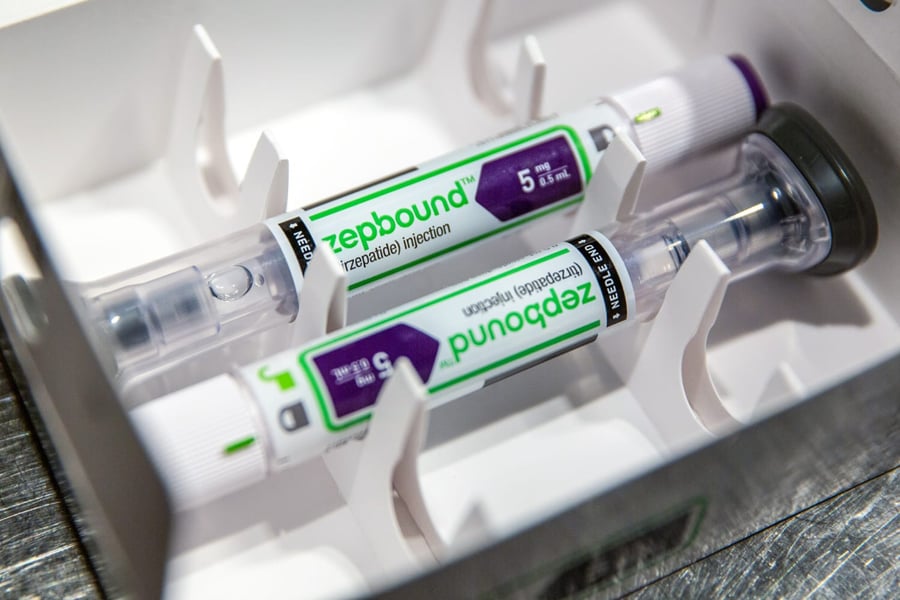 A Zepbound tirzepatide injection pen, the Eli Lilly drug approved for obstructive sleep apnea