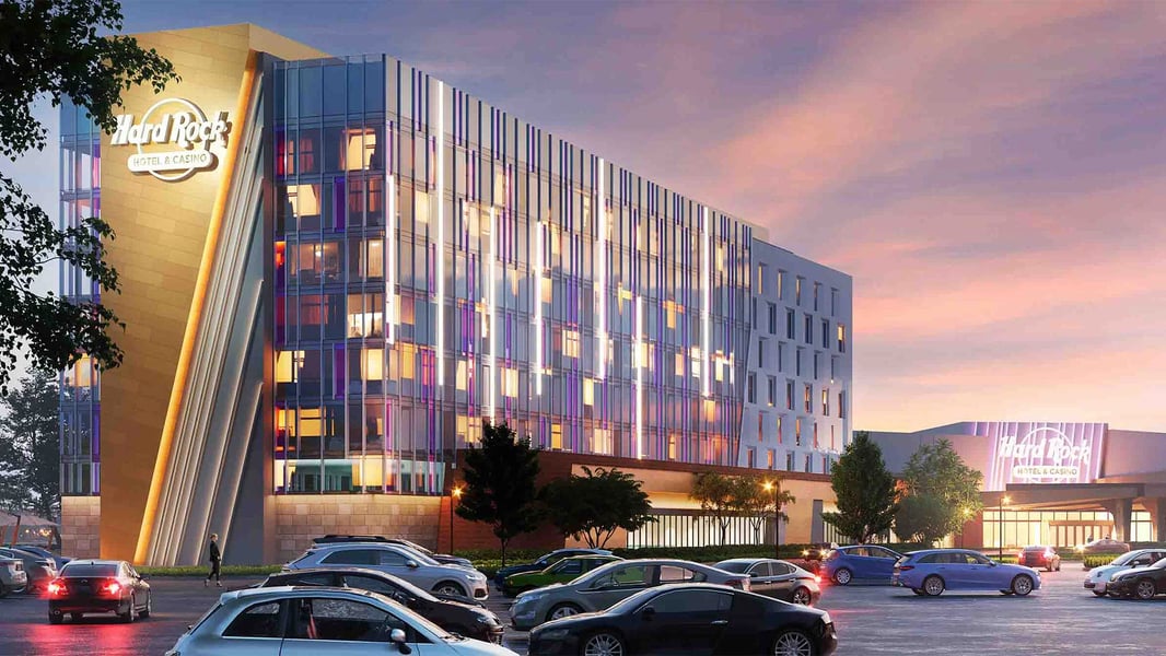 Architectural rendering of the proposed Hard Rock Hotel and Casino in Kenosha, Wisconsin, showing the planned resort complex near Interstate 94