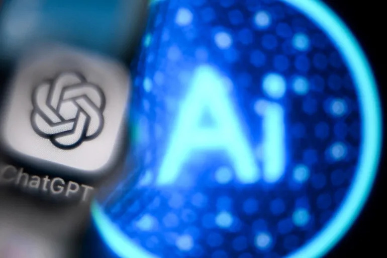 Frustrated worker at laptop as manager points to AI chatbot output on screen