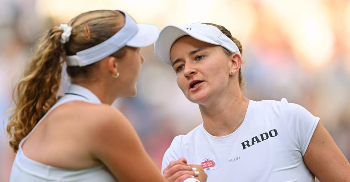 Mirra Andreeva and Barbora Krejcikova during their Wimbledon 2026 second-round match on Centre Court