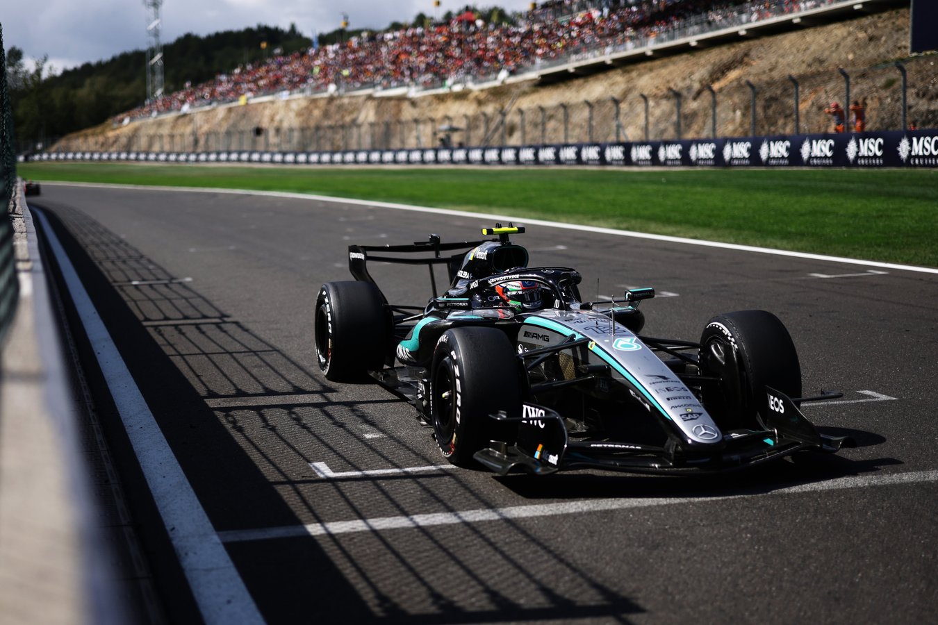 Kimi Antonelli celebrates winning the 2026 Belgian Grand Prix at Spa-Francorchamps