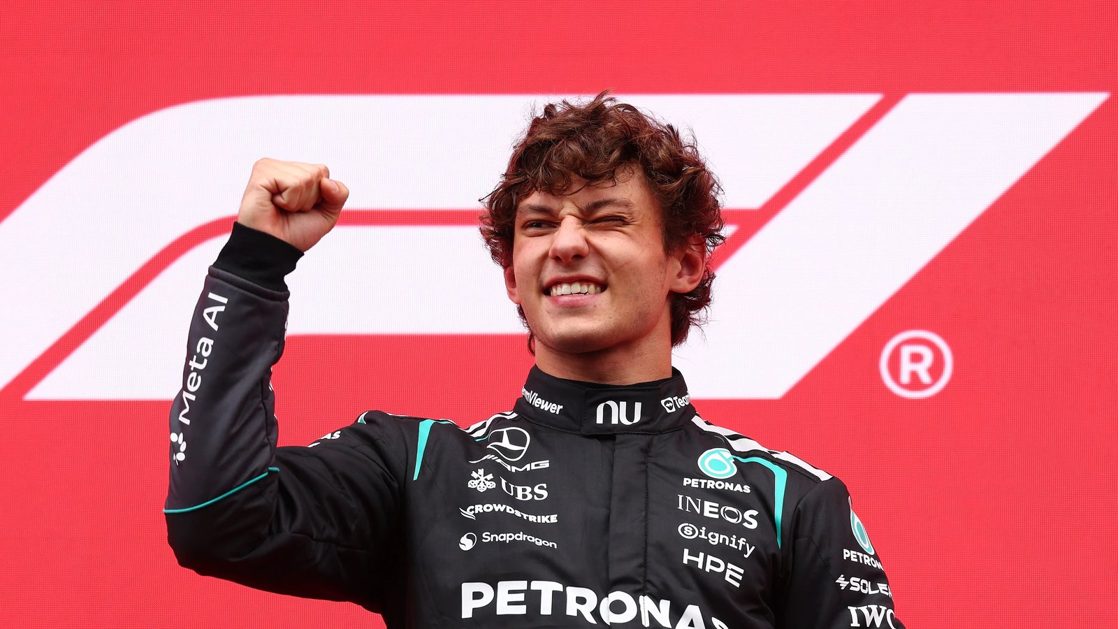 Kimi Antonelli celebrates winning the 2026 Belgian Grand Prix at Spa-Francorchamps for his sixth victory of the season