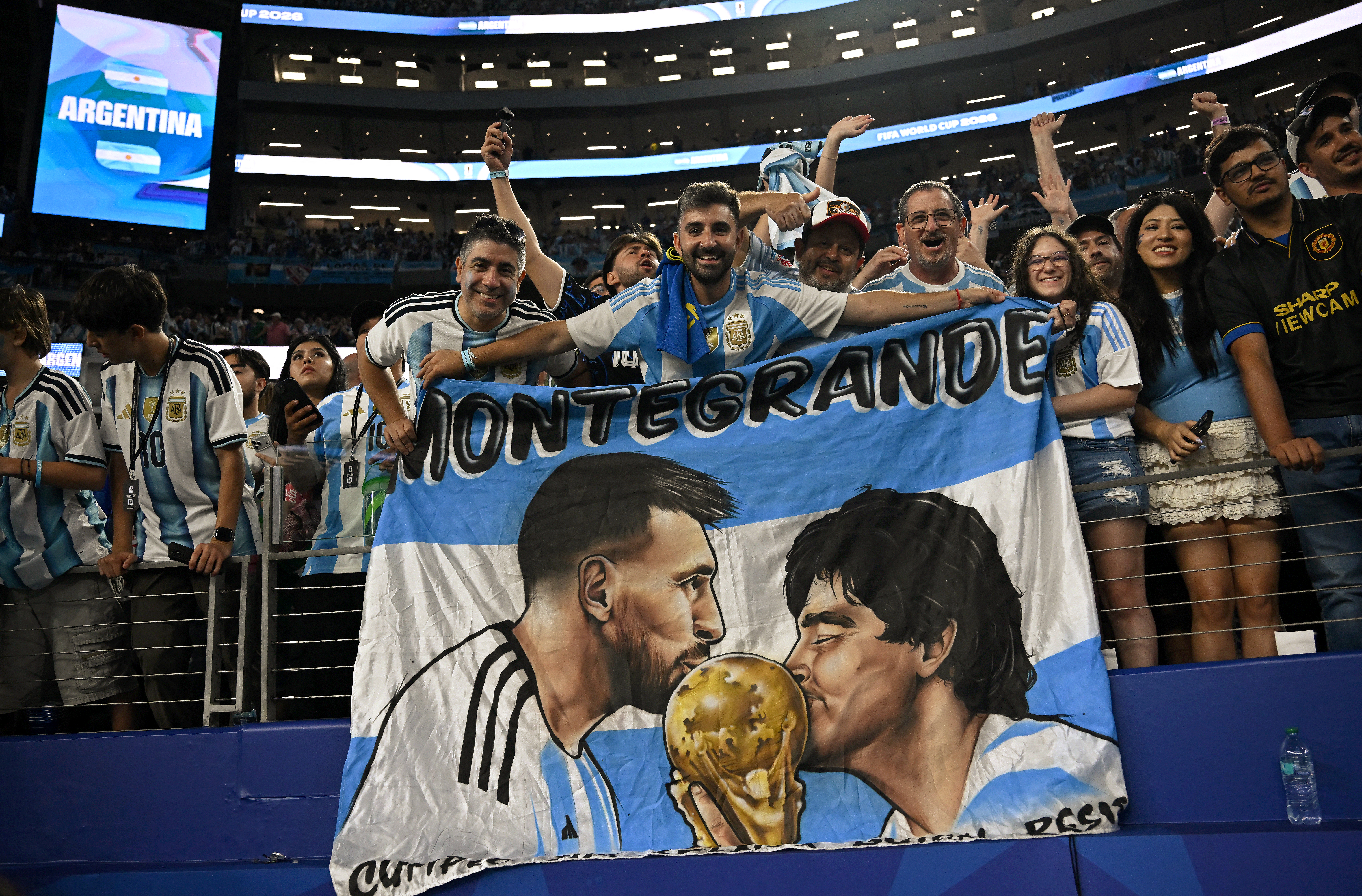 Argentina fans celebrate during the 2026 World Cup Round of 32 at Hard Rock Stadium Miami