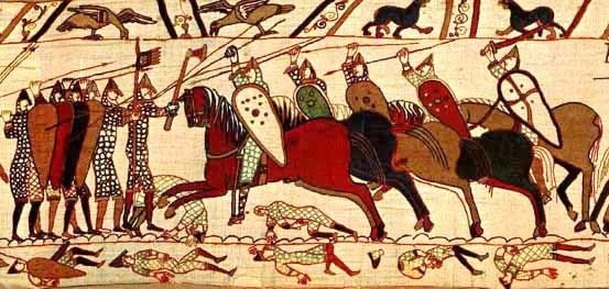 A scene from the Bayeux Tapestry showing Norman soldiers in armour during the 1066 conquest of England