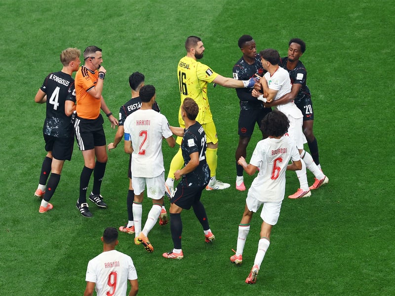 Belgium players celebrate against USMNT during World Cup 2026 knockout match