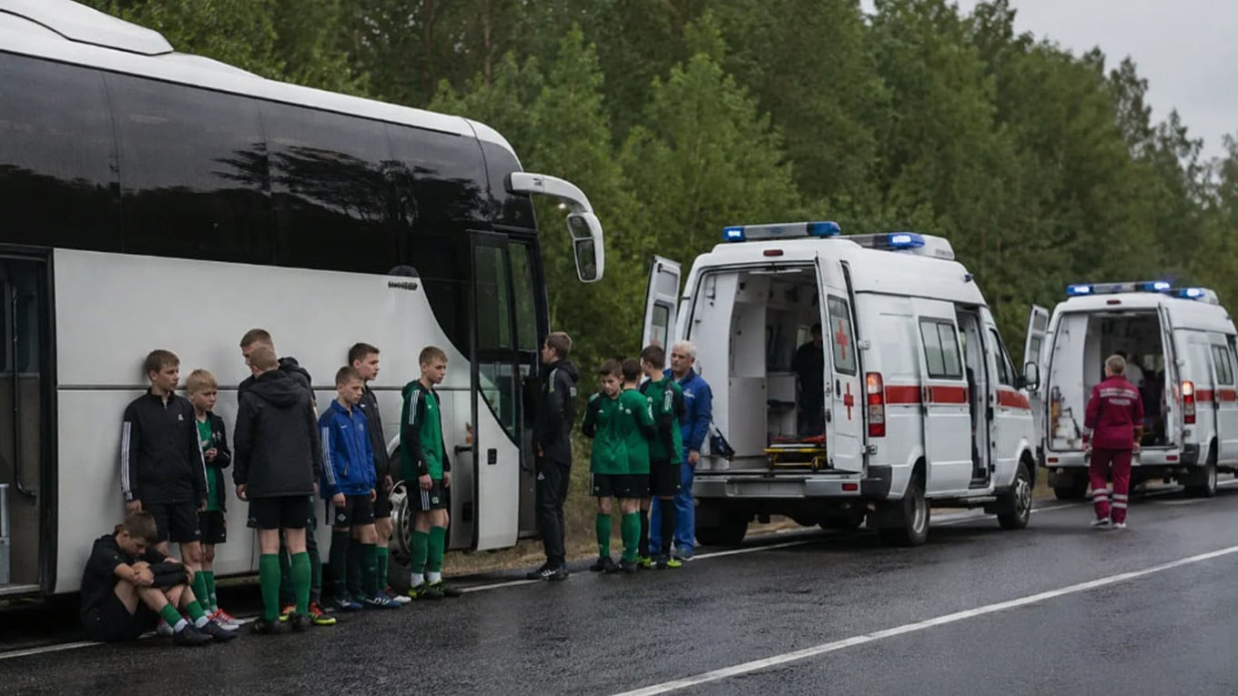 Belarusian youth football team players stand beside their bus with emergency services after drone strike in Bryansk region Russia June 2026