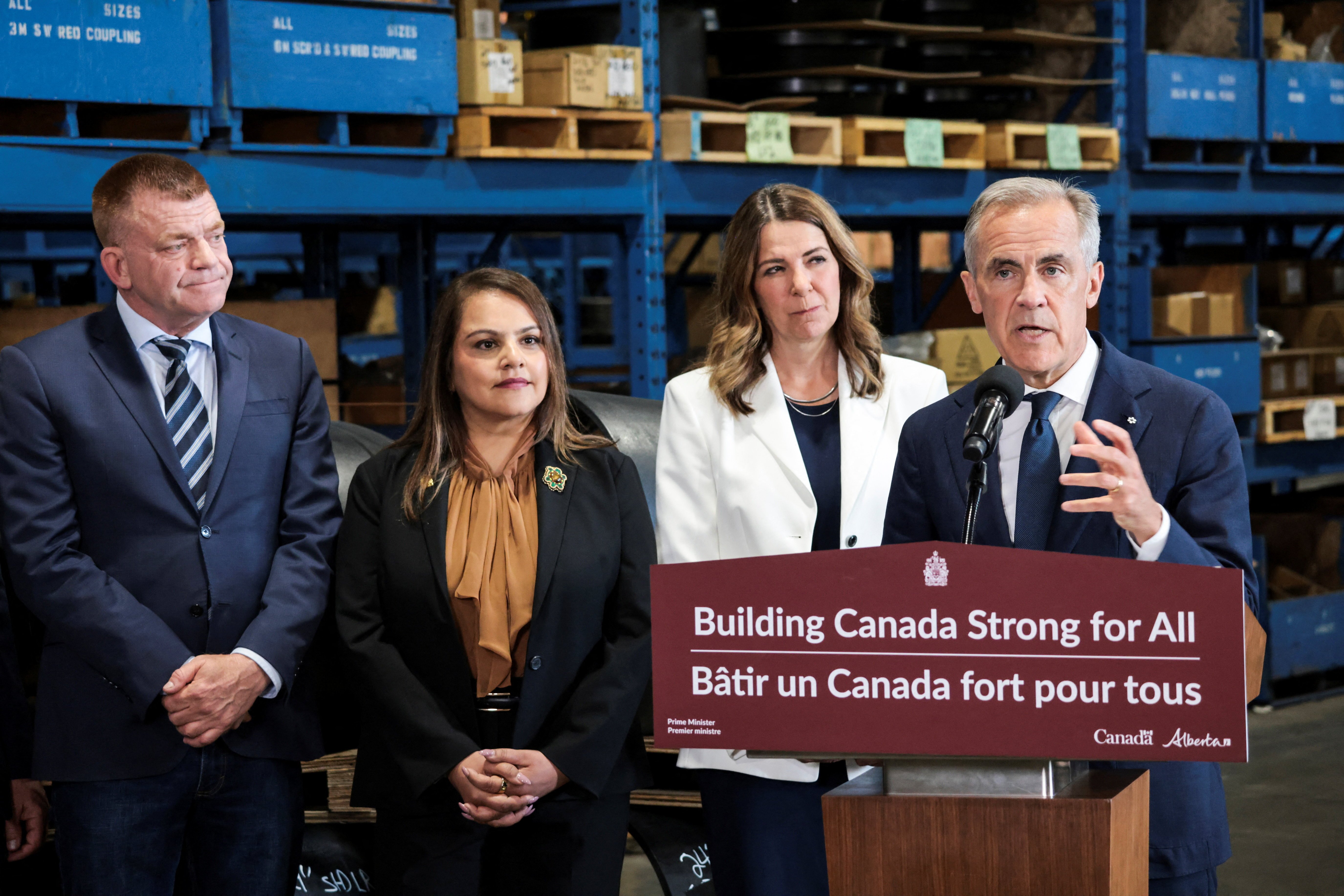 Canadian Prime Minister Mark Carney announces Pacific pipeline deal at press conference in Calgary Alberta