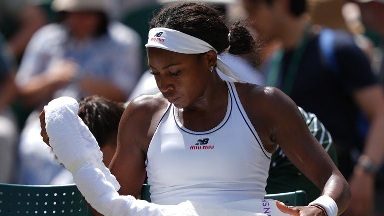 Coco Gauff reacts during her Wimbledon 2026 semifinal loss to Karolina Muchova