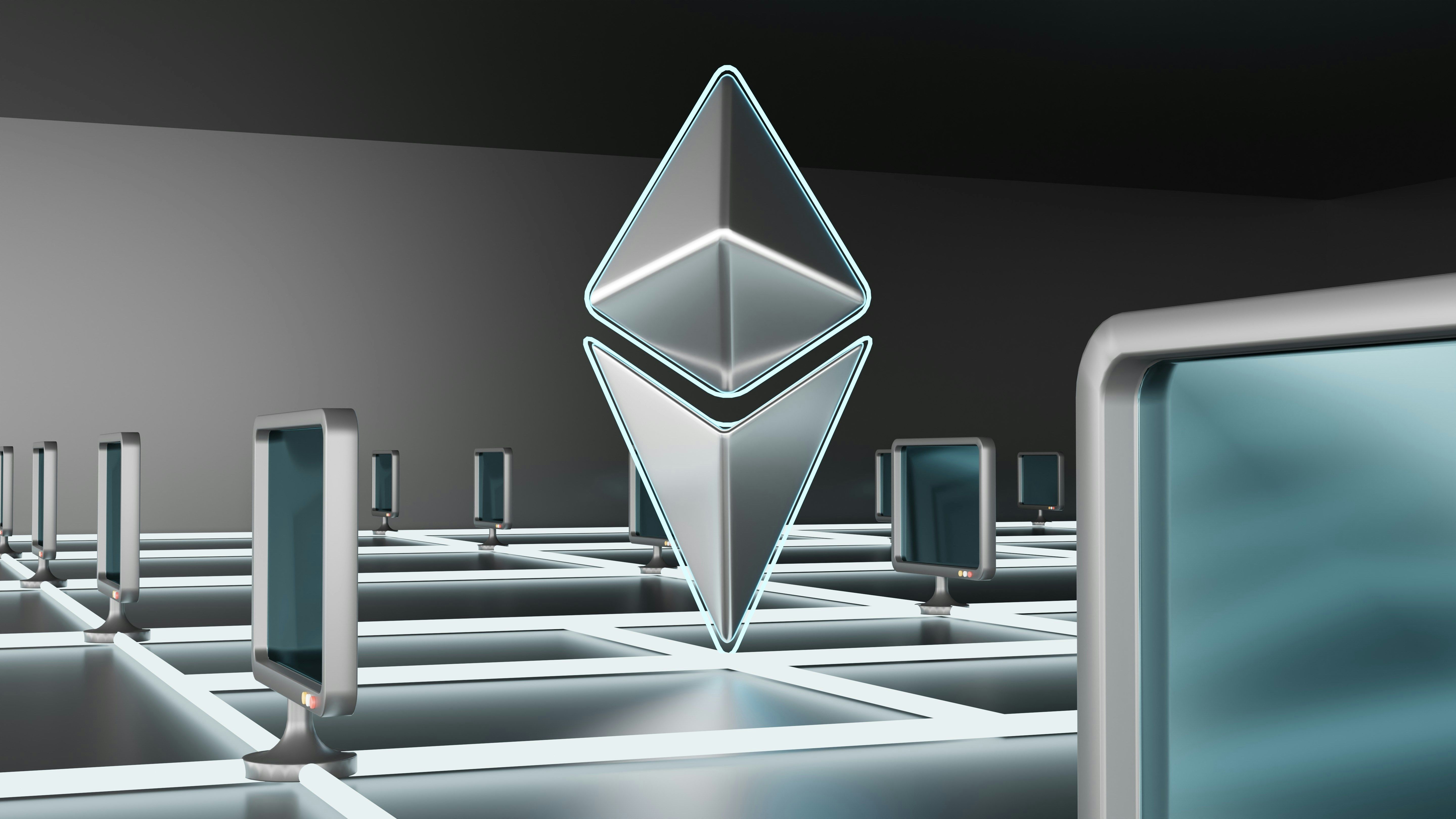3D Ethereum cryptocurrency logo surrounded by blockchain network nodes