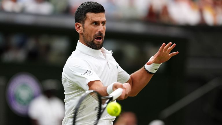 Novak Djokovic in action against Stefanos Tsitsipas during the second round at Wimbledon 2026