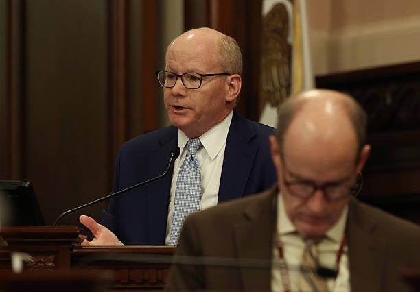 Illinois Senate President Don Harmon speaks at an executive committee hearing at the Illinois State Capitol in Springfield