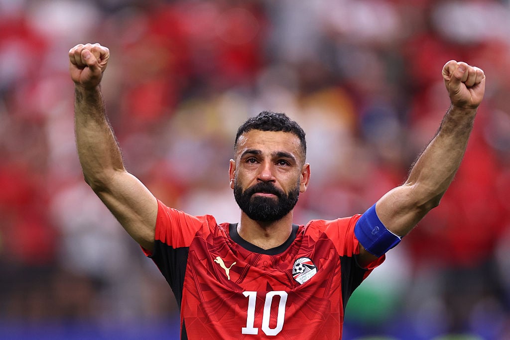 Mohamed Salah of Egypt celebrates after scoring his Panenka penalty in the World Cup round of 32 against Australia at AT&T Stadium in Dallas