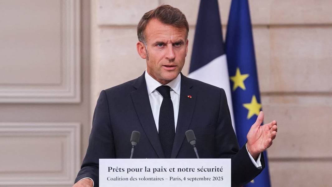 French President Emmanuel Macron discusses postwar security arrangements for Ukraine.