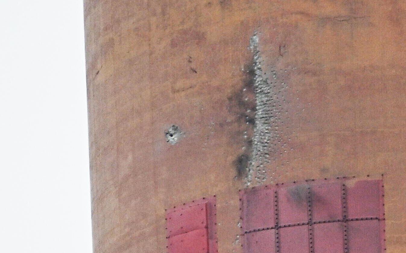 Damage to the Auvere power station chimney in Estonia after a stray Ukrainian drone strike in March 2026