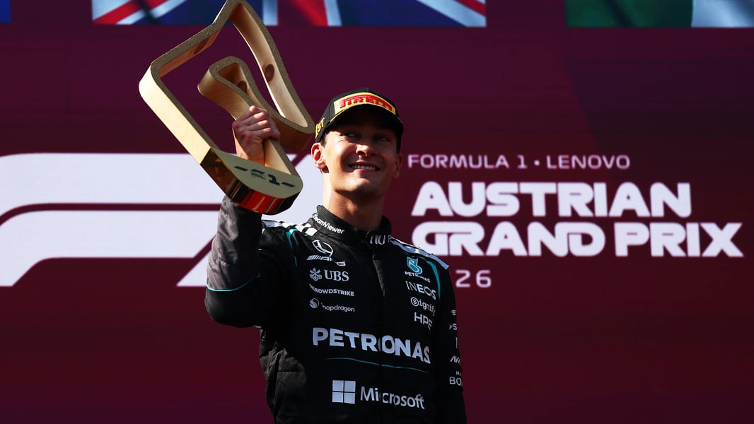 George Russell celebrates winning the 2026 Austrian Grand Prix at the Red Bull Ring in Spielberg