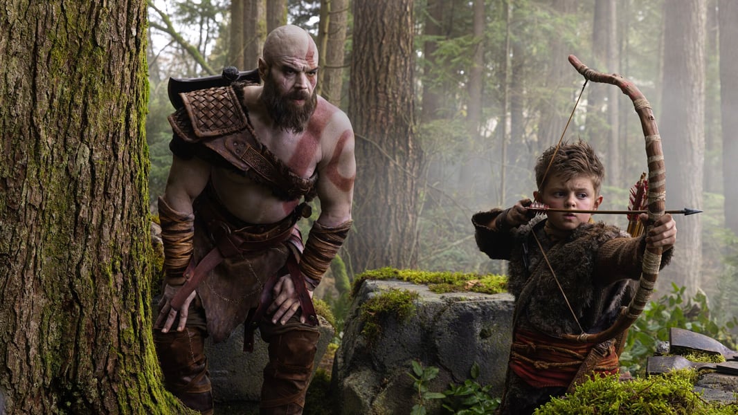 Ryan Hurst as Kratos and Callum Vinson as Atreus on the set of Amazon Prime Video God of War