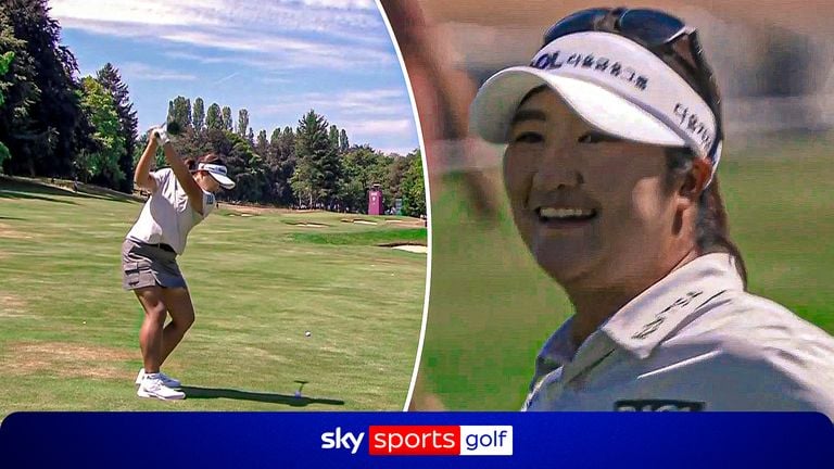 Haeran Ryu celebrates on the course during her historic round of 60 at the 2026 Amundi Evian Championship