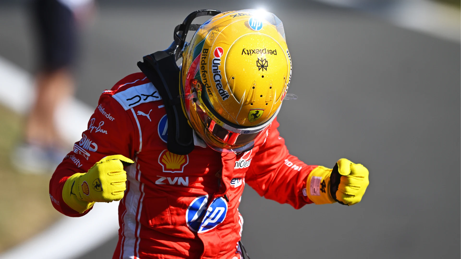 Lewis Hamilton celebrates taking sprint pole position for Ferrari at the 2026 British Grand Prix at Silverstone