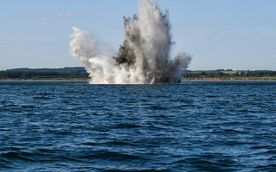 Naval mine explodes in water during minesweeping exercise, Strait of Hormuz mine clearance 2026