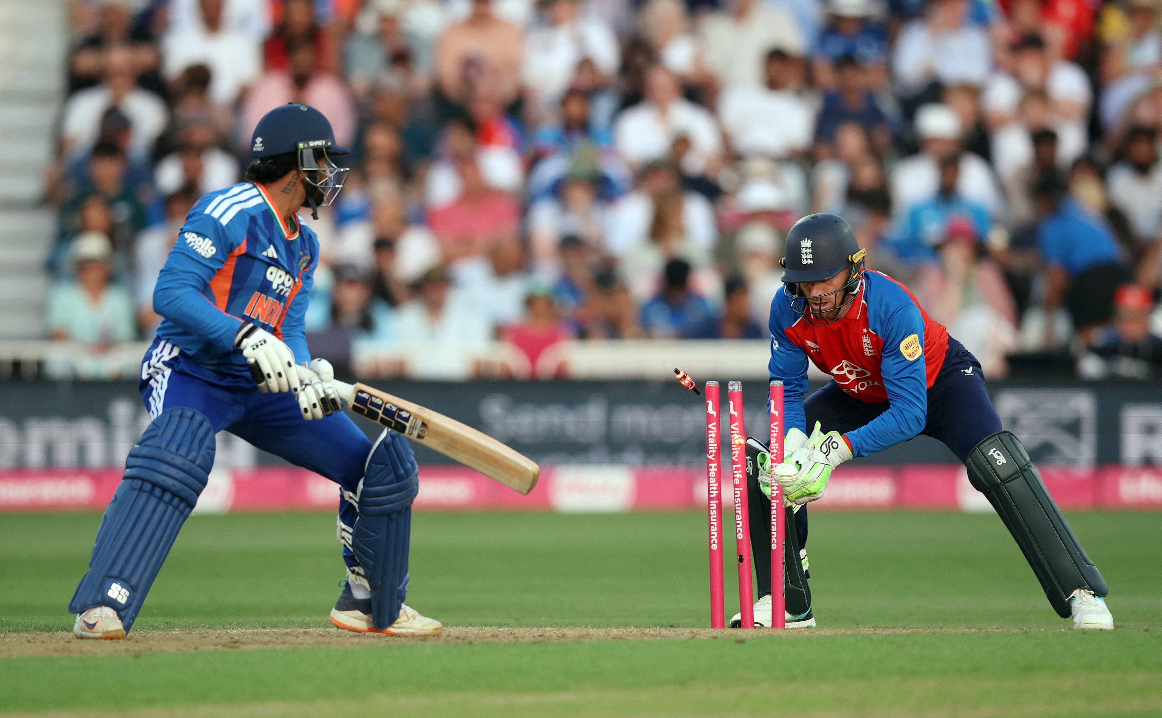 India's Tilak Varma stumped by England's Jos Buttler at Trent Bridge during T20 series