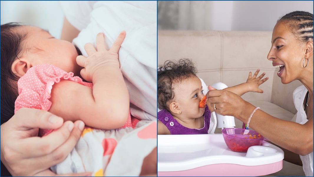Infant breastfeeding and mother feeding a toddler in a highchair, illustrating early childhood nutrition