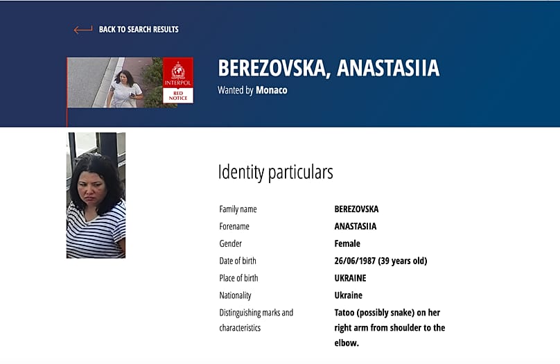 Interpol Red Notice issued July 3 2026 for Anastasiia Berezovska sought for Monaco bombing of Vadym Yermolaiev
