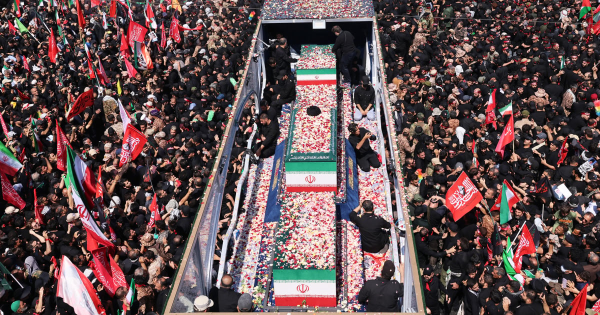 Coffins of Iran Supreme Leader Ayatollah Khamenei and family carried through Tehran streets during the Iran-US war
