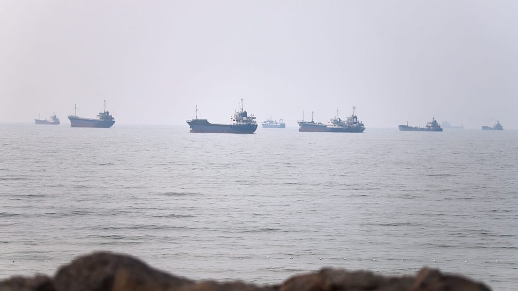 Commercial vessels navigate the Strait of Hormuz off Bandar Abbas amid Iran-US nuclear negotiations