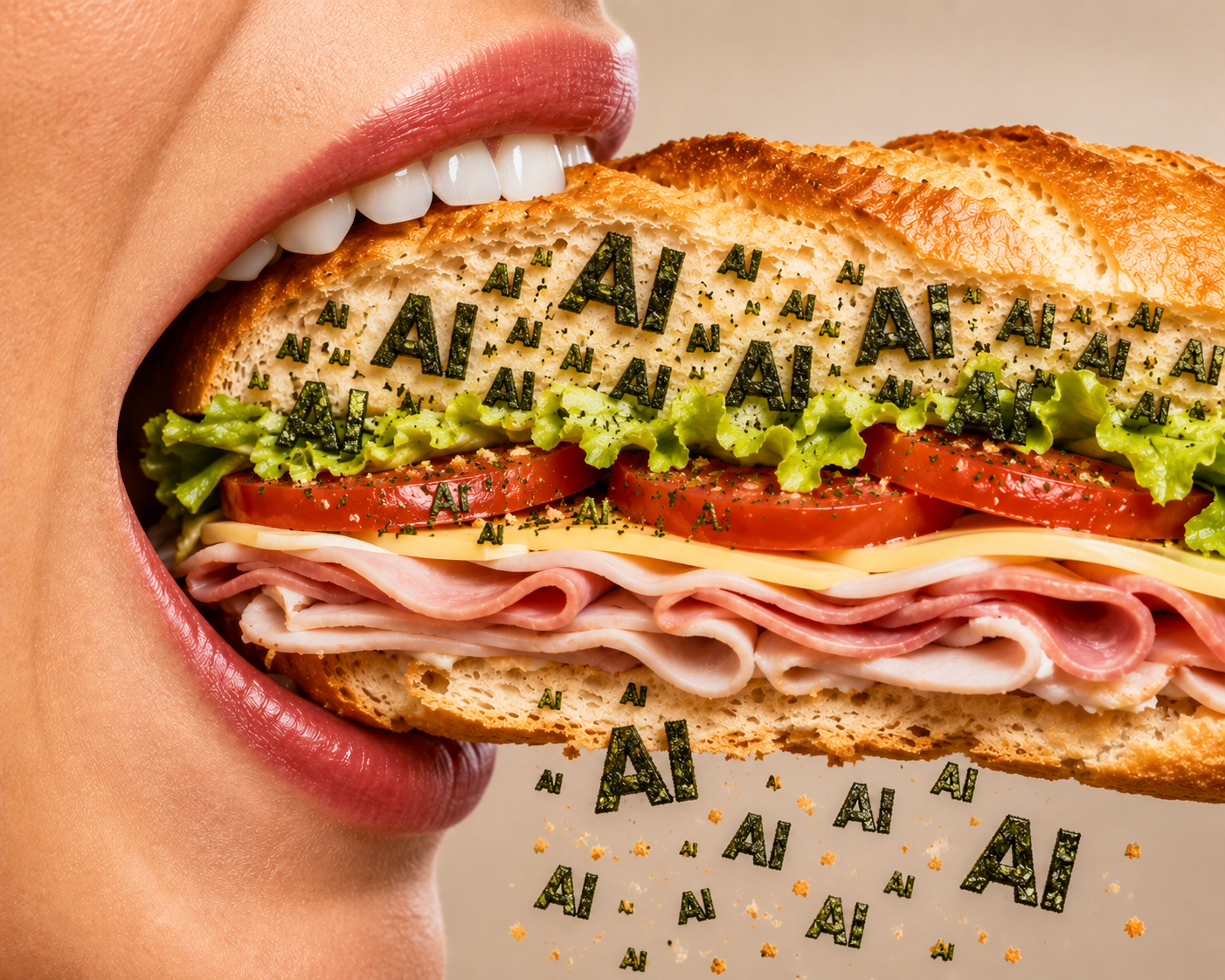 Editorial illustration of an AI-themed sandwich representing Jersey Mike's IPO AI language