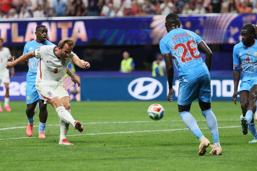 Harry Kane celebrates after scoring for England against DR Congo at the 2026 FIFA World Cup in Atlanta